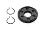 A black Kyosho spur gear with a splined center and two small metal circlips on a white background.