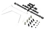 Kyosho Optima sway bar set including metal sway bars, plastic parts tree, ball studs, and small hardware on a white background.