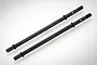 Two black metal RC driveshafts with hexagonal ends and threaded tips, isolated on a white background.