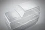 A clear, unpainted polycarbonate RC crawler body shell by RGT, shown from a high-angle perspective against a grey studio background.