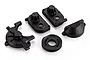 A set of black plastic RC car gearbox and motor mount components on a white background.