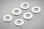 Six small silver-coloured metal washers arranged in a pattern on a light grey background.
