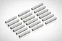 A set of 18 small, cylindrical metal pins arranged in a grid on a white background.