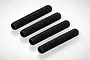 Four black metal grub screws with fine threads arranged in a diagonal row on a white background.