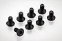Eight black metal countersunk head screws with hex drive, arranged on a white background.