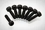 A set of eight black metal cap head screws arranged in a semi-circle on a white background.