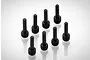 Eight black metal partial thread screw pins arranged in a group on a white background.