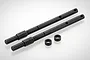 Two black metal gear shafts and two small metal spacers on a white background.