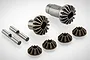 A set of RGT differential bevel gears and shafts including two large bevel gears, four small satellite gears, and two metal shafts.