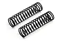 Two black metal coil springs for RC car shock absorbers positioned diagonally on a white background.