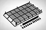 A black plastic RC roof rack with a grid pattern, accompanied by various mounting brackets and small hardware components on a white background.