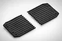 Two black rubber-like RC rear fender mud flaps with ribbed texture and mounting holes, displayed on a white background.