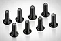 A set of eight black metal countersunk head screws arranged in a grid on a white background.