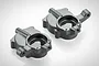 Two black anodized aluminium steering hub carriers for RGT RC cars, shown from a high angle on a white background.