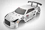 A silver HSP GTR RC car body shell with racing decals, a rear spoiler, and black window tinting, shown against a white background.