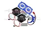 GPM Racing blue aluminium motor heatsink kit with dual cooling fans, mounting hardware, and brackets on a white background.