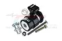 GPM Racing black aluminium 15T servo horn with integrated servo saver and included mounting hardware against a white background.