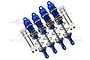 A set of four blue anodized aluminium adjustable RC shock absorbers by GPM Racing with included mounting hardware.