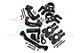 A set of black anodized aluminium RC steering and hub components by GPM Racing, including steering knuckles, hubs, and hardware on a white background.