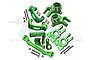 A set of green anodized aluminium RC car steering and hub components including steering knuckles, C-hubs, and hardware on a white background.