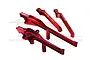A set of four red anodized aluminium chassis braces from GPM Racing, featuring machined details and branding, arranged on a white background.