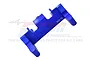 A blue anodized aluminium servo mount for RC cars by GPM Racing, featuring laser-etched branding and material specifications.