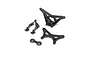 A set of black molded plastic RC car parts including shock towers and a wing mount on a white background.