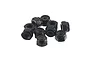 A small pile of ten black steel nyloc nuts with white nylon inserts, arranged on a plain white background.