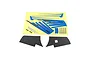 A decal sheet set for the E-Flite V1200 RC airplane, featuring blue and black graphics, E-Flite logos, and V1200 text on a yellow backing sheet.