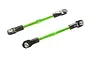 Two green anodized aluminium turnbuckles with black plastic rod ends, isolated on a white background.
