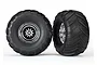 Two Traxxas Terra Groove RC monster truck tyres mounted on chrome deep-dish rims against a white background.