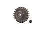 A Traxxas 23-tooth 1-mod steel pinion gear with a small black grub screw sitting on a white background.