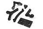 A set of black plastic RC steering assembly components and a servo mount on a white background.