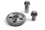 A set of three metal RC differential gears including one large spur gear and two smaller pinion gears on a white background.
