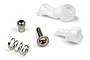 BlackZon servo saver assembly components including white plastic parts, a metal screw, a ball stud, and a coil spring.