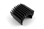 A black anodized aluminium motor heatsink with cooling fins, designed for RC car motors.