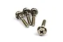 Four silver-coloured metal wheel lock screws with flanged heads and cross-head drive, arranged on a white background.
