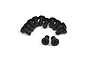 A set of twelve black metal countersunk screws with coarse threads arranged on a white background.