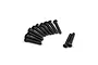 A set of twelve black metal countersunk head screws with coarse threads arranged on a white background.