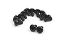 A collection of twelve black button head RC screws with coarse threads arranged on a white background.