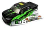 Black and green painted RC truck body shell for BlackZon Smyter with an included decal sheet on a white background.