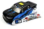 Black and blue painted RC truck body shell with a matching decal sheet on a white background.