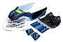 BlackZon 1/12 scale RC desert buggy body shell set in black and blue with matching cockpit interior and decal sheet on a white background.