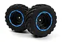 Two BlackZon 1.9 inch monster truck tyres pre-mounted on black dish rims with blue beadlock-style rings, isolated on a white background.