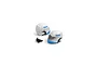 Two small white and blue toy racing helmets with silver visors and two black screws on a white background.
