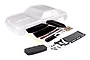 Traxxas 1/10 Drag Slash Ford Mustang Fox clear unpainted body shell with included decal sheet, rear wing, foam bumper, and hardware.