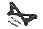 A carbon fiber front shock tower for the TLR 22 5.0 RC car, accompanied by two metal standoffs on a white background.