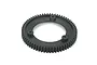 A black plastic spur gear for an RC car, featuring three mounting points and numerous gear teeth, isolated on a white background.