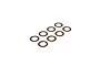 Eight thin, circular metal shims arranged in a grid pattern against a white background.