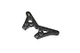 A black carbon fibre rear shock tower for an RC car, featuring multiple mounting holes and a triangular cutout design.